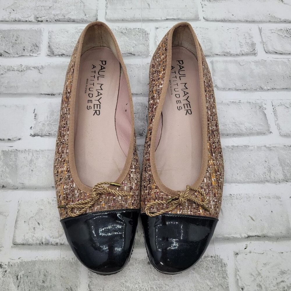 Paul Mayer Attitudes Patent Cap Toe Tweed Fall Beige Tan Flat Women's Size 9